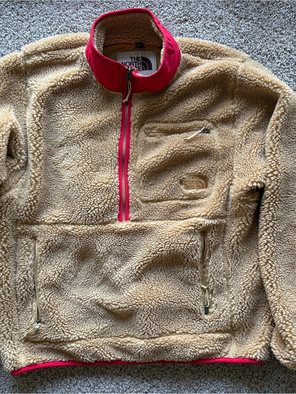 The North Face Tan Sherpa Pullover Jacket with Red Trim
